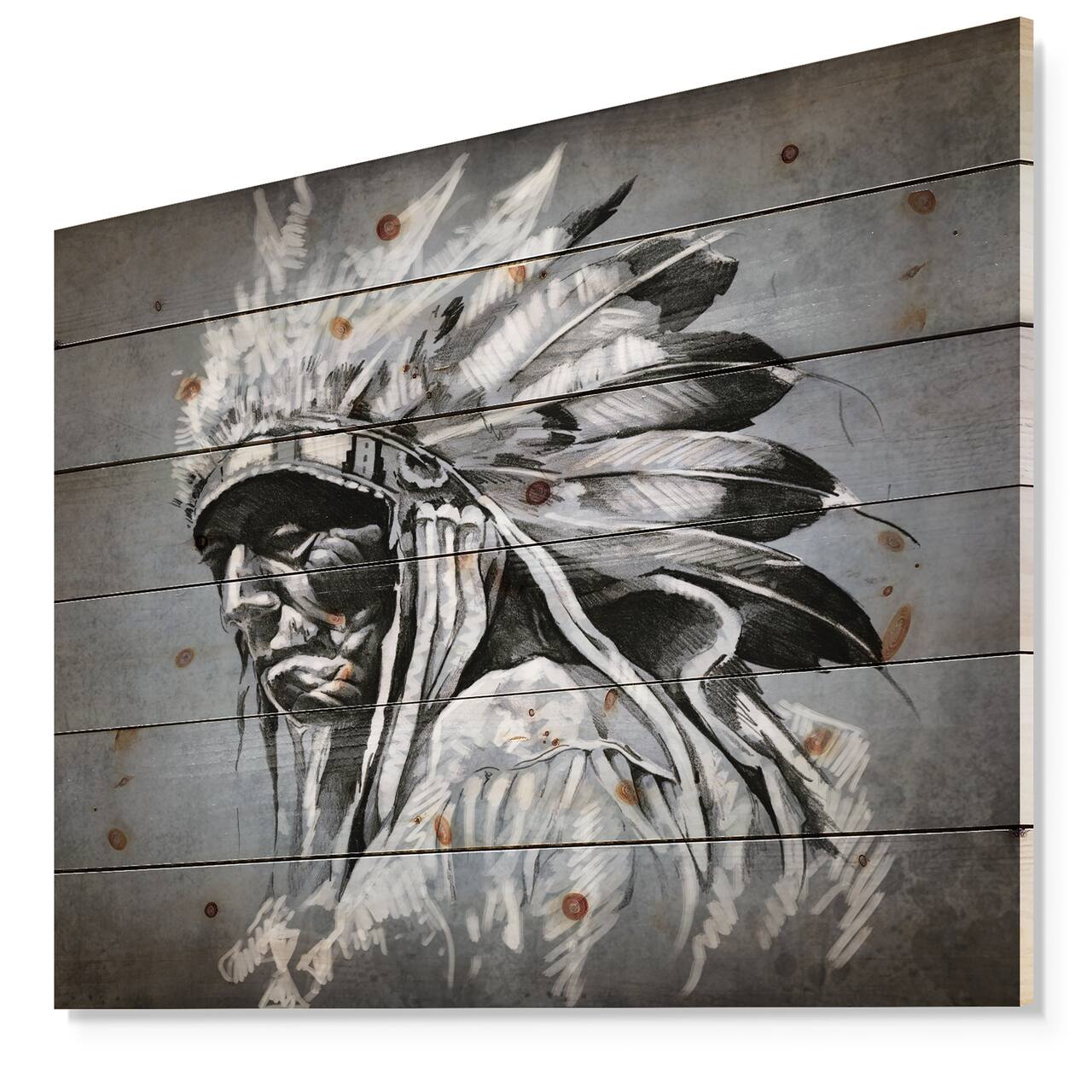 Designart - American Indian Tattoo Art - Portrait Print on Natural Pine Wood